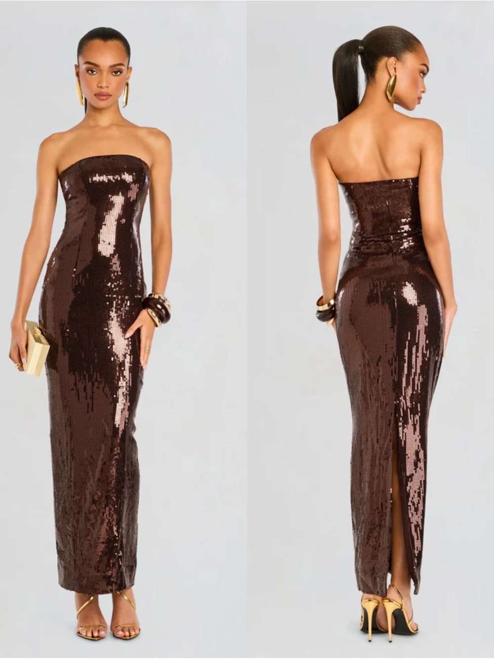 Retrofete Ember Strapless Sequin Maxi Dress XXS Chocolate Brown